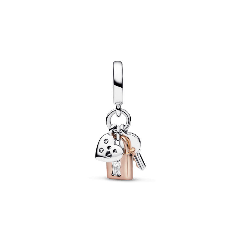 Charm colgante triple de dos tonos Llave, Candado y Corazón